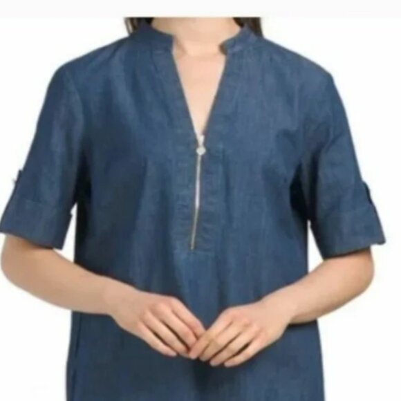 NEW Anne KLein STEFFI Dress Sz 2 Blue Chambray Denim Silver Zipper Roll Tab SLv - Picture 3 of 7